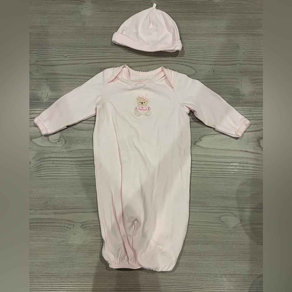 Pink Baby Gown with Bear Embroidery
